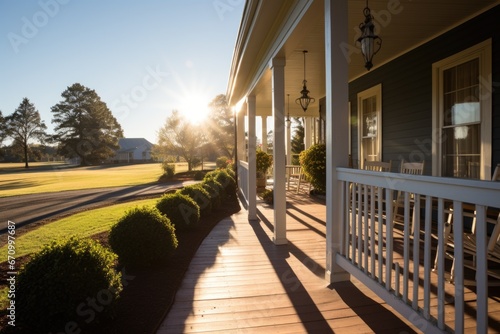 sun casting long shadows on the porch and farmhouse