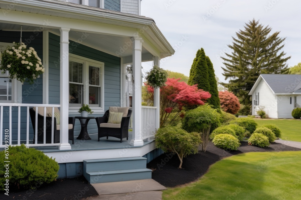 porch corner with trimmed bushes and farmhouse backdrop