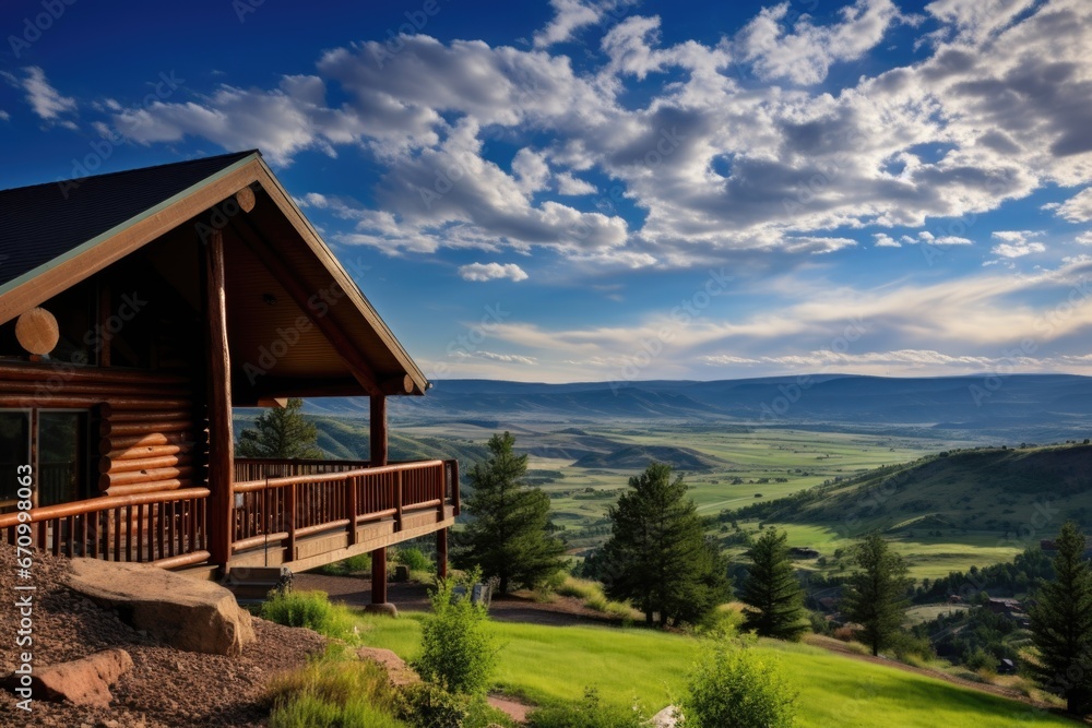 log cabin on hill with panoramic view of valley log cabin on hill with panoramic view of valley