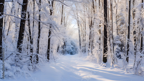 A snow-covered path in the woods