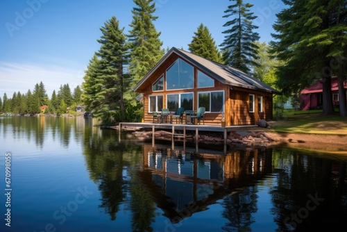 cabin alongside calm lake reflecting in the water