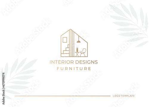 Interior minimalist room, gallery furniture logo design vector