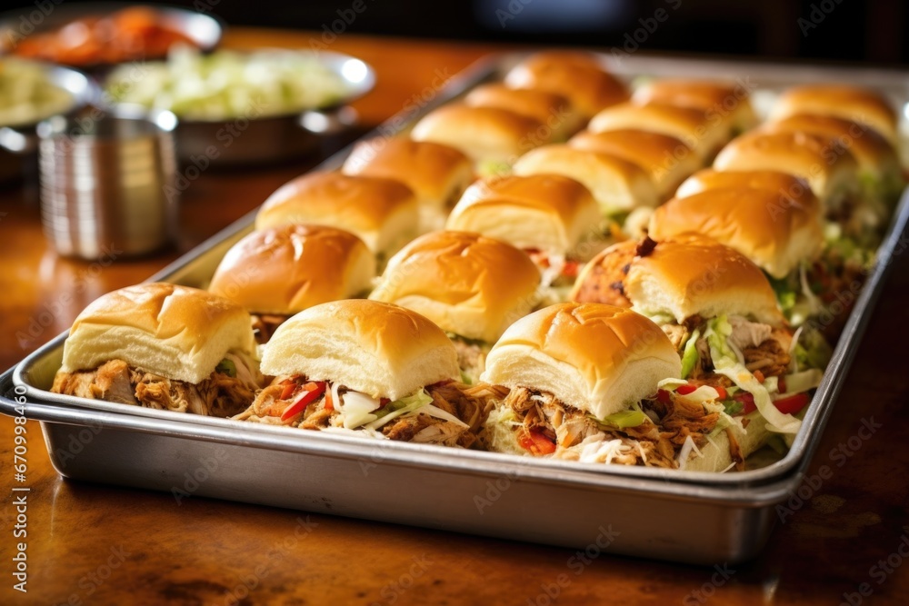 tight shot of a bbq slider in the middle of a full tray