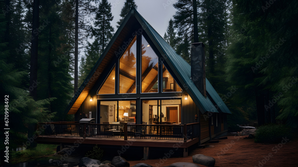 A peaceful mountain cabin nestled in the woods., cottage nestled in the woods, Home Through The Woods - obrazy, fototapety, plakaty 