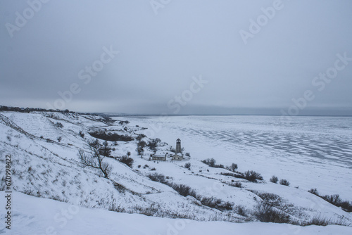 Icy seashore after a blizzard