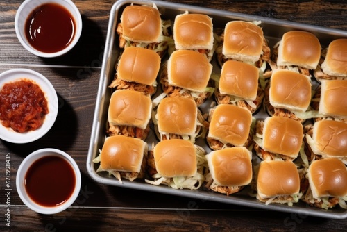 overhead view of a tray full of sliders with red bbq sauce