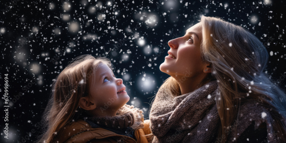 Mother and daughter, looking at the first snowfall with wonderment in their eyes Mother and daughter, looking at the first snowfall with wonderment in their eyes