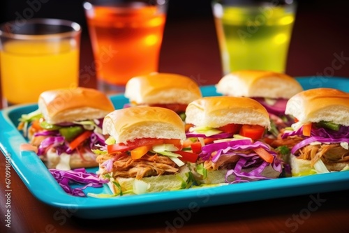 bbq sliders on a rainbow-colored tray gives a colourful look
