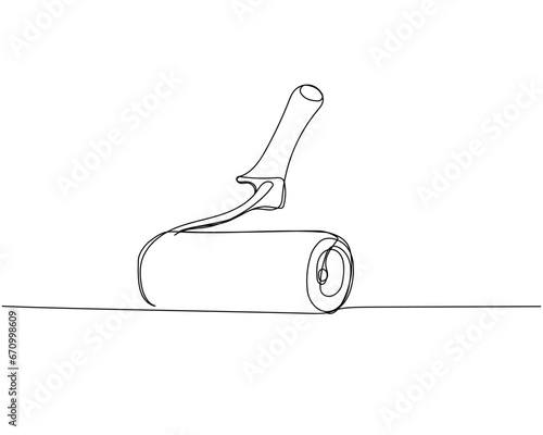 Paint roller, repair tools one line art. Continuous line drawing of repair, professional, service, concept, support, maintenance, work, technician.