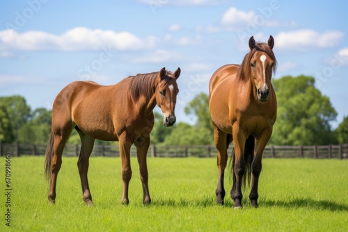 a pair of horses grazing together, another horse looking from a distance