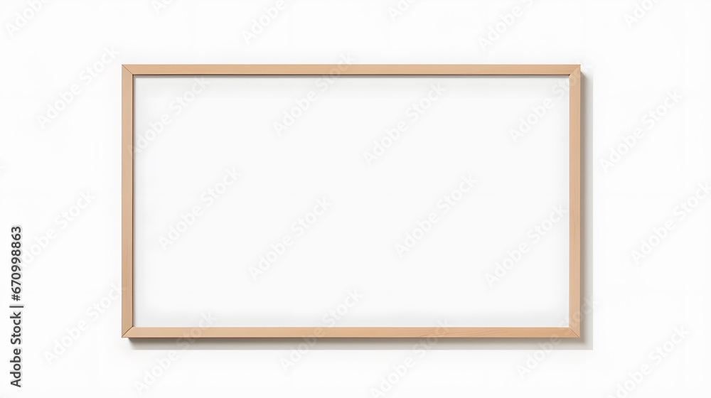 Blank picture frame mockup on white wall, horizontal artwork template. Single oak wood frame mock-up Blank picture frame mockup on white wall, horizontal artwork template. Single oak wood frame mock-up