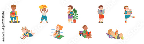 Reading Children with Interesting Book Enjoy Recreation Vector Set