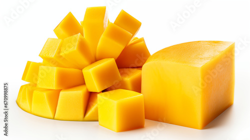 Yellow mango and mango slice with cubes isolated white background. Made with generative ai
