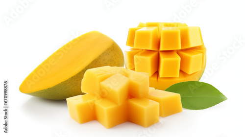 Yellow mango and mango slice with cubes isolated white background. Made with generative ai