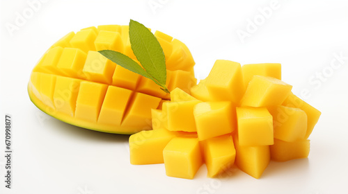 Yellow mango and mango slice with cubes isolated white background. Made with generative ai