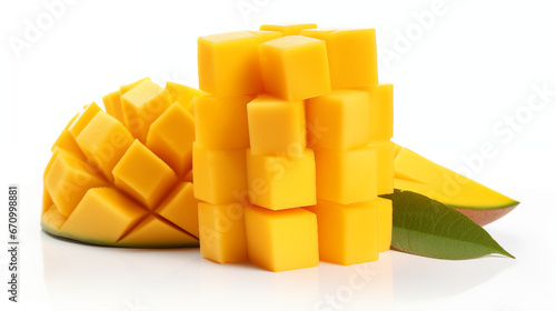 Yellow mango and mango slice with cubes isolated white background. Made with generative ai