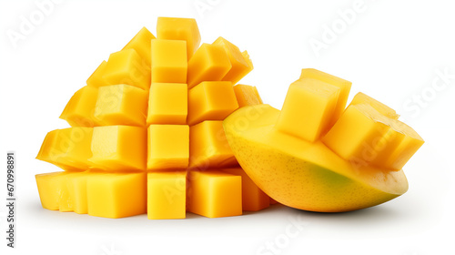 Yellow mango and mango slice with cubes isolated white background. Made with generative ai