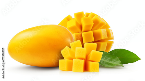 Yellow mango and mango slice with cubes isolated white background. Made with generative ai