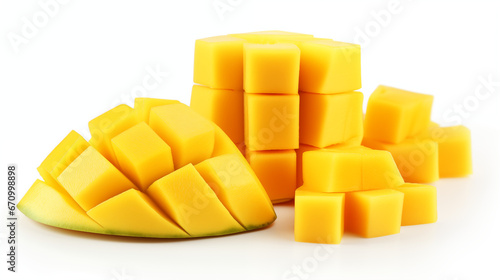 Yellow mango and mango slice with cubes isolated white background. Made with generative ai