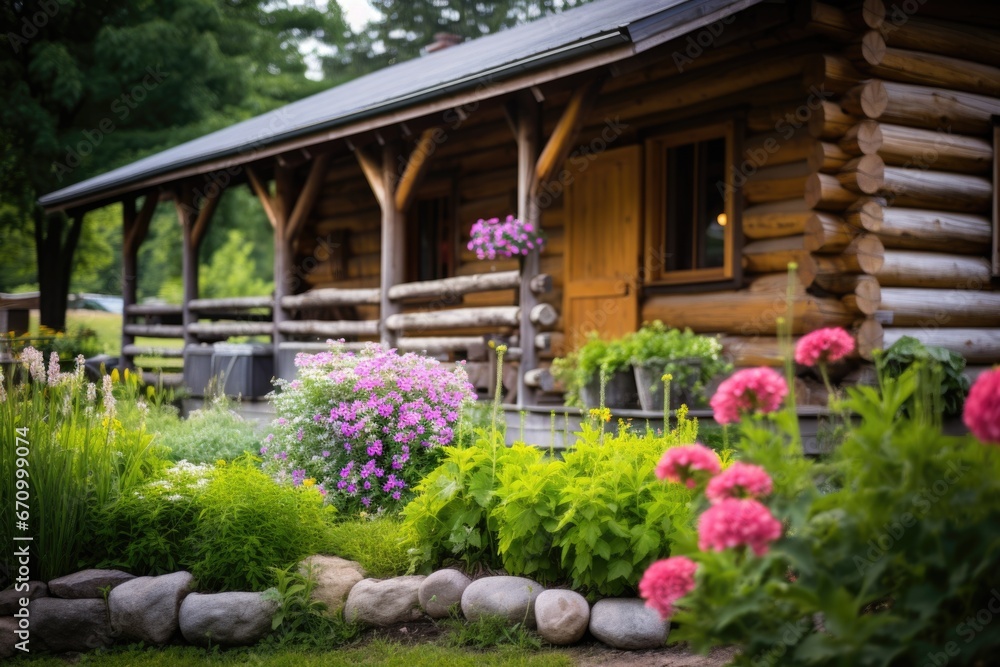 image of log cabin framed by flowering plants