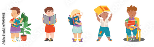 Reading Children with Interesting Book Enjoy Recreation Vector Set