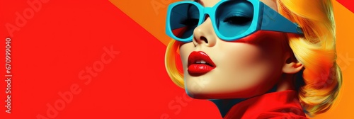 Woman in pop art fashion with sunglasses, website banner design with space for text
