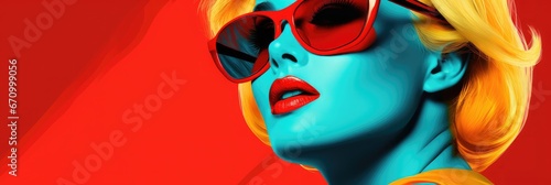 Woman in pop art fashion with sunglasses, website banner design with space for text