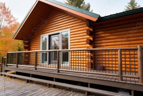 close-up of log cabin facade with balcony doors open