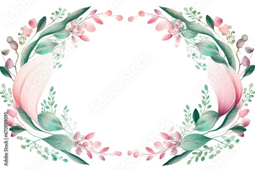 Watercolor botanical frame with green leaves and pink flowers