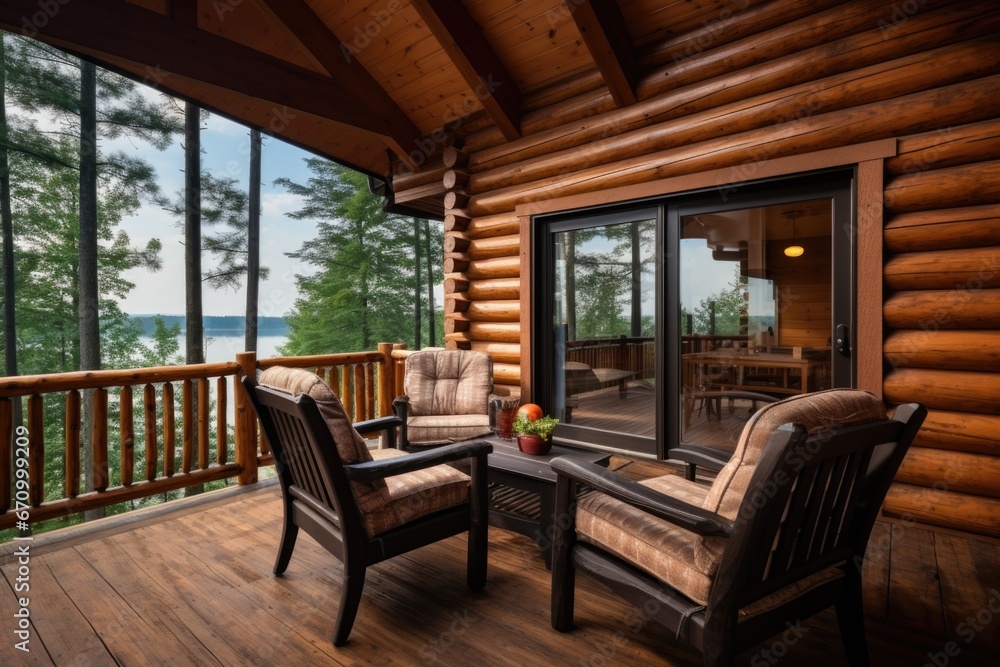 shot of log cabin balcony featuring wood furniture shot of log cabin balcony featuring wood furniture
