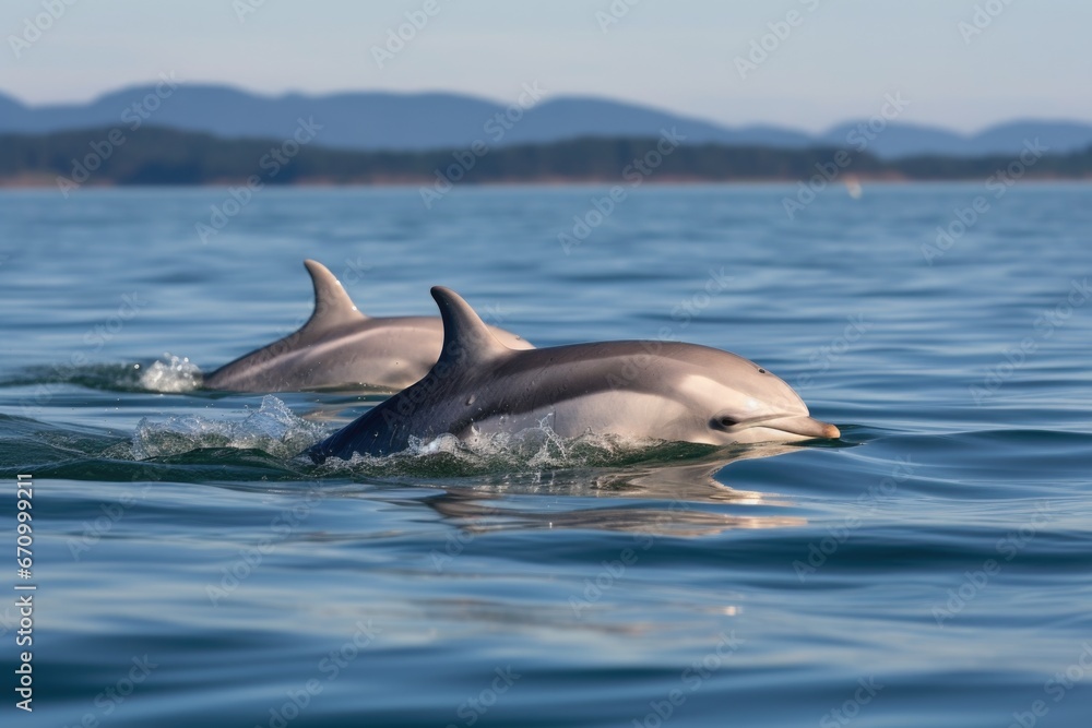 Fototapeta premium three dolphins surfacing together
