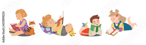 Reading Children with Interesting Book Enjoy Recreation Vector Set
