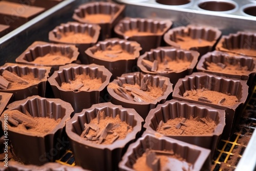 close-up of moulds filled with liquid vegan chocolate