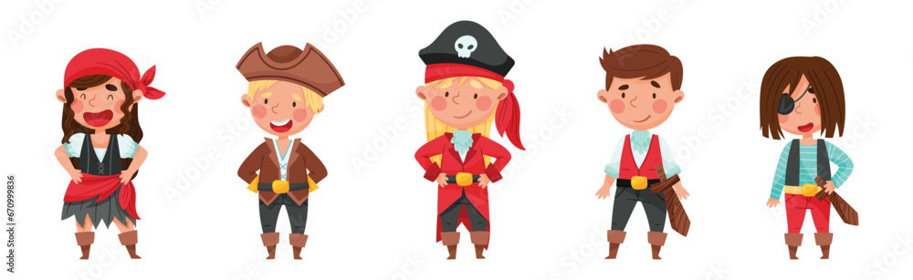 Cheerful Boy and Girl in Pirate Costume with Sword or Saber Vector Set Cheerful Boy and Girl in Pirate Costume with Sword or Saber Vector Set