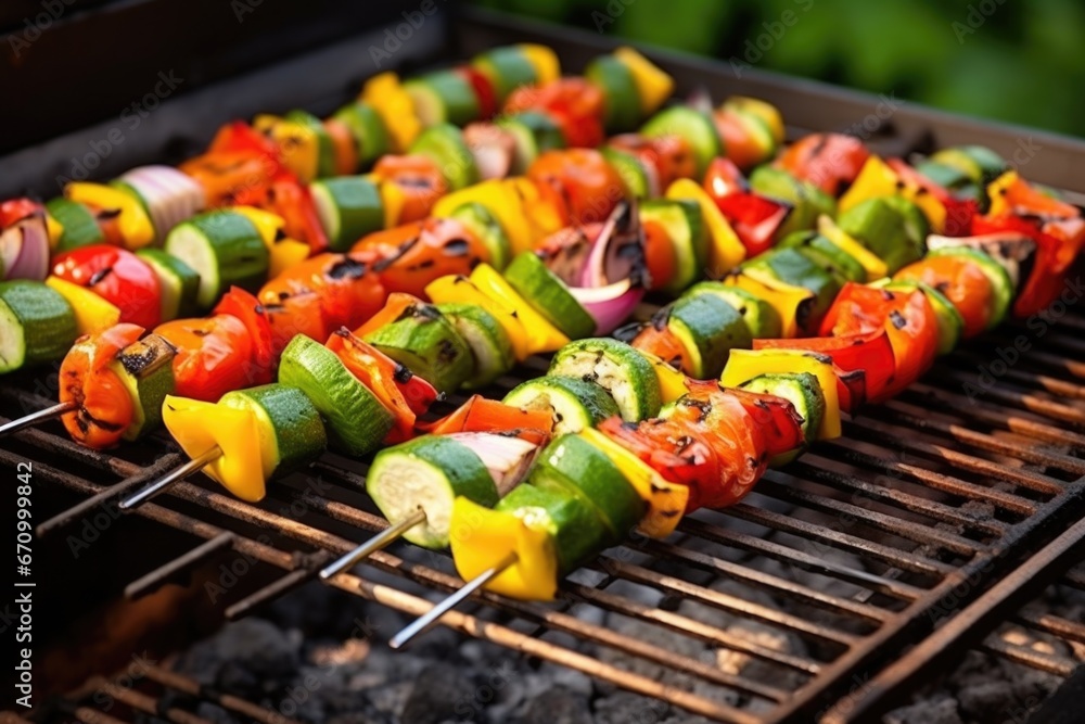 vegetable skewers on a grill outdoors
