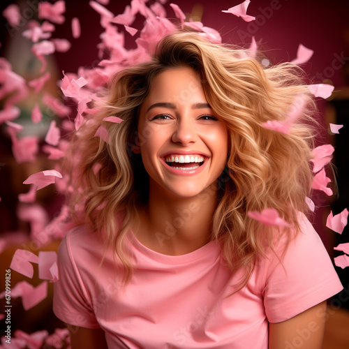 Radiant Woman in Pink Amidst Petals: Cancer Awareness