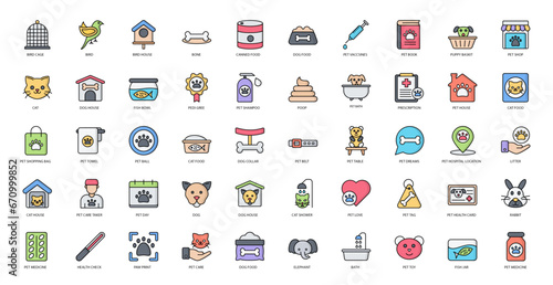 Pets Colored Line Icons Pet Animals Iconset in Filled Outline Style 50 Vector Icons 