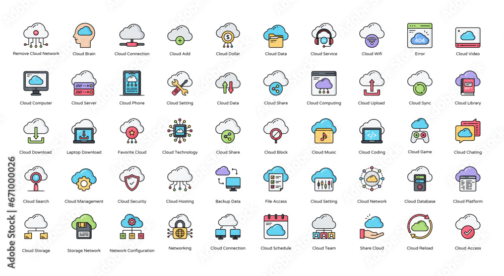 Cloud Network Colored Line Icons Cloud Computing Iconset in Filled Outline Style 50 Vector Icons - obrazy, fototapety, plakaty 