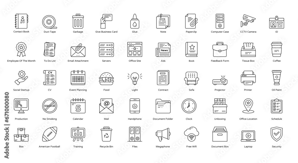 Office Thin Line Icons Work Employee Worker Iconset in Outline Style 50 Vector Icons in Black