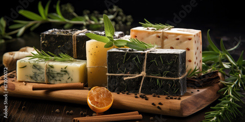 Assortment of lavish organic soaps embellished with natural elements.