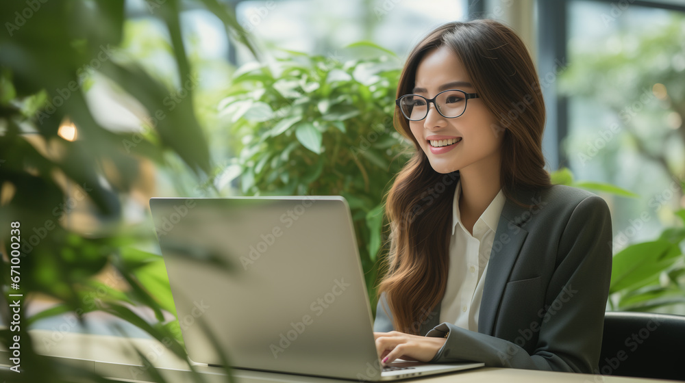 Portrait of smile beautiful business asian woman in environmentally friendly office, working on a laptop. Portrait of smile beautiful business asian woman in environmentally friendly office, working on a laptop.