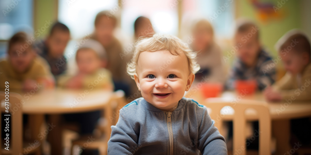 Baby smiling at camera with blurred nursery children and parents in the background. Baby smiling at camera with blurred nursery children and parents in the background.