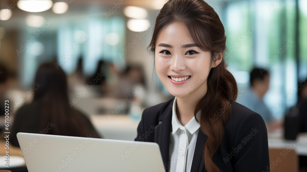 Portrait of smile beautiful business asian woman in environmentally friendly office, working on a laptop. Portrait of smile beautiful business asian woman in environmentally friendly office, working on a laptop.