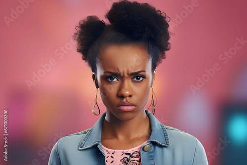 Young adult African American woman, head and shoulders portrait on blurry magenta background. Neural network generated photorealistic image. Not based on any actual person or scene. photo