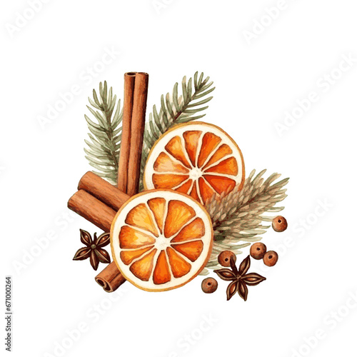 Christmas decor, dried orange slices, cinnamon, vanilla watercolor for greeting card design on white background