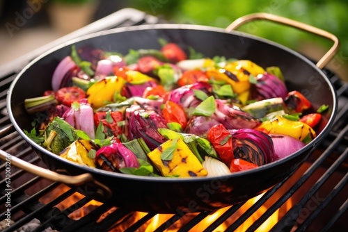 grill wok filled with multicolored grilled beets