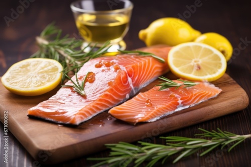 salmon with plank of cedar wood, lemon slices and sprigs of rosemary