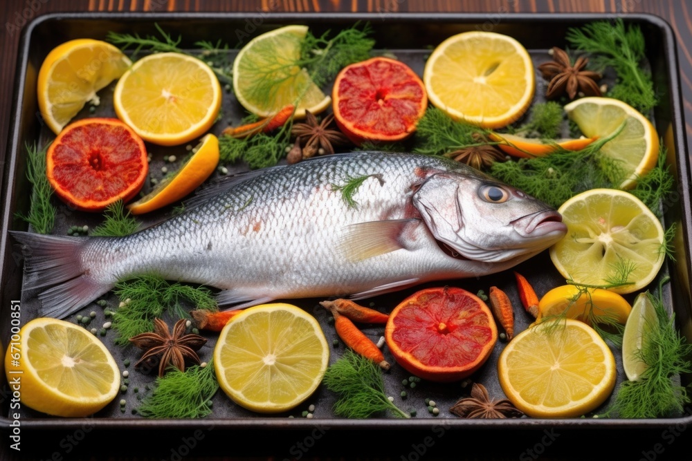 fish on a bed of citrus fruits and different herbs, set on a metal grille fish on a bed of citrus fruits and different herbs, set on a metal grille