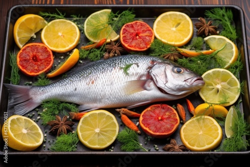 fish on a bed of citrus fruits and different herbs, set on a metal grille