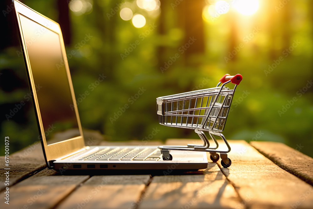 Close up of miniature empty shopping cart standing on wooden table in front of laptop in background of green forest. Shopping concept of purchase and business.